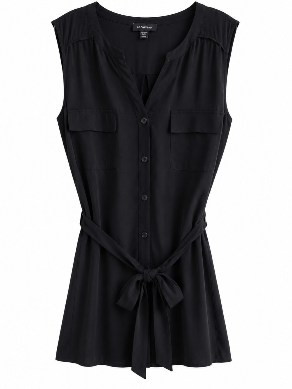 le chateau Black Sleeveless Button-Front Top with Self-Tie XL